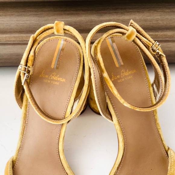 Sam Edelman Kia Block Heels Yellow Velvet Sandals Ankle Strap Buckle Size 8.5 - Picture 7 of 12